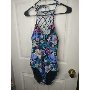 Tahiti Woman's L One Piece Swimwear V Cross Cross Halter Floral Tropical Beachy